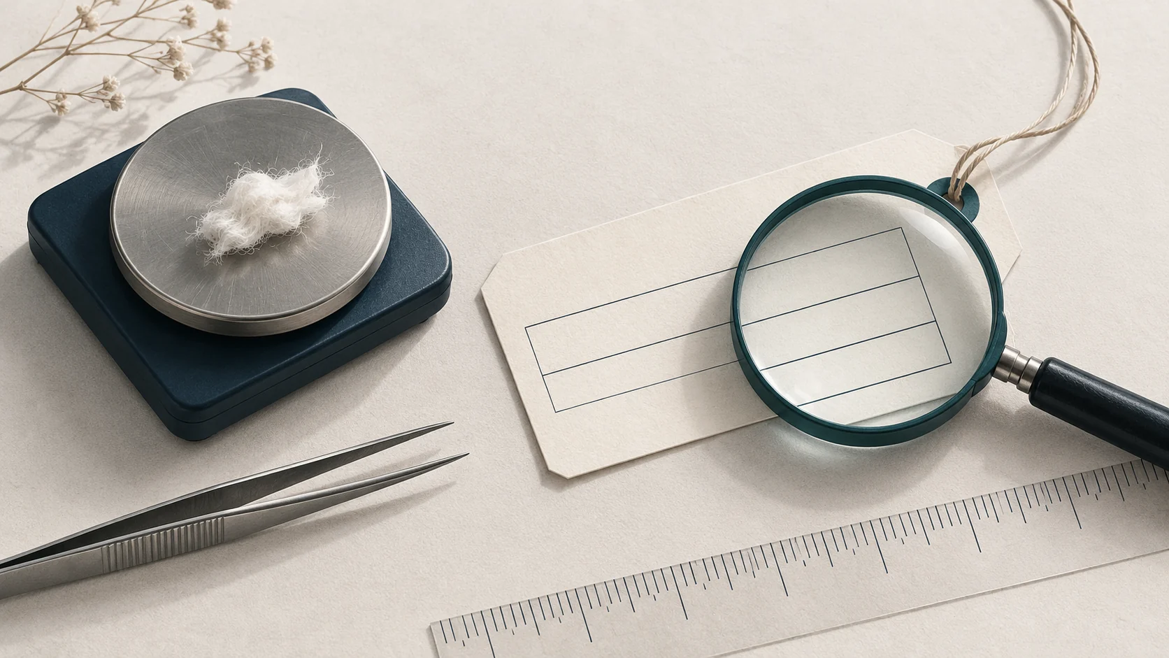 Conceptual laboratory scene with a blank sample label, weighing pan and magnifying glass.