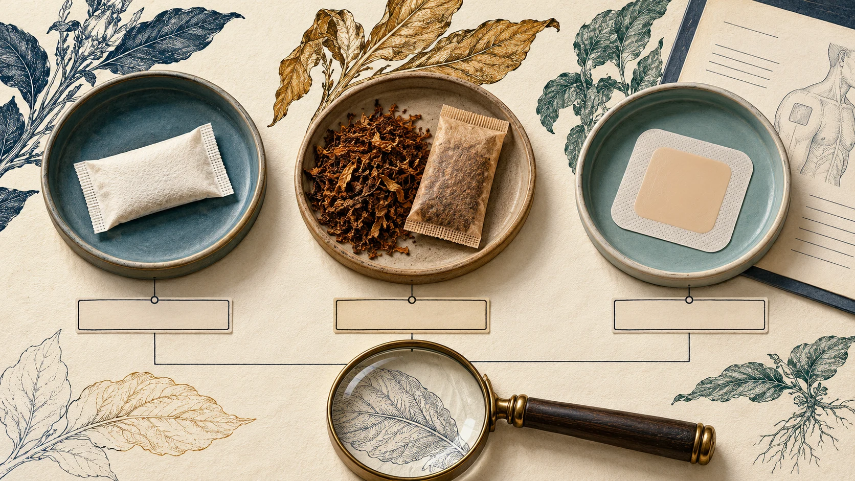 Conceptual illustration comparing a white sachet, tobacco leaf and a medical patch in separate trays.