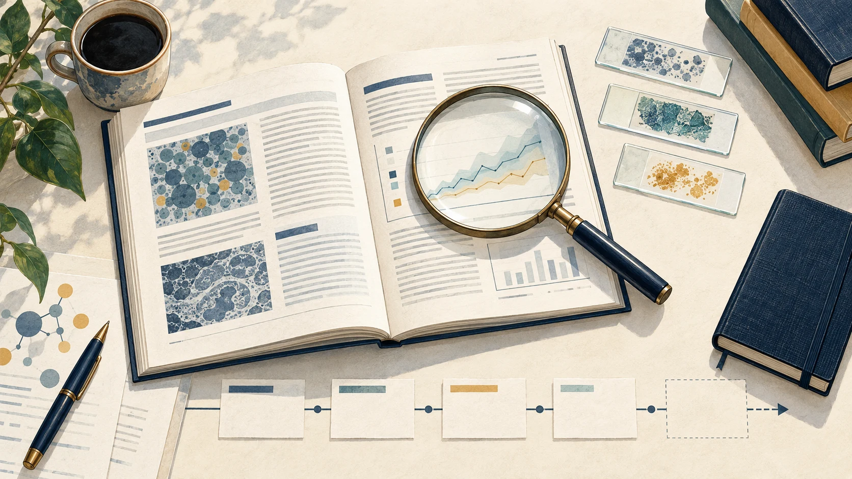 Conceptual research desk with an open journal, magnifying glass and timeline cards.