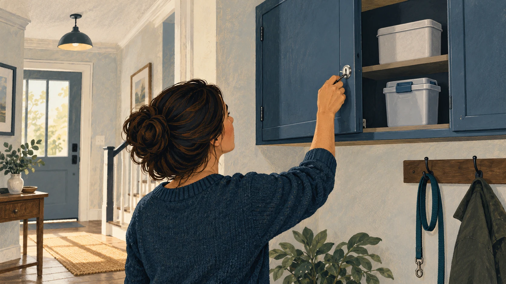 Educational illustration of an adult securing a high cupboard containing closed containers.