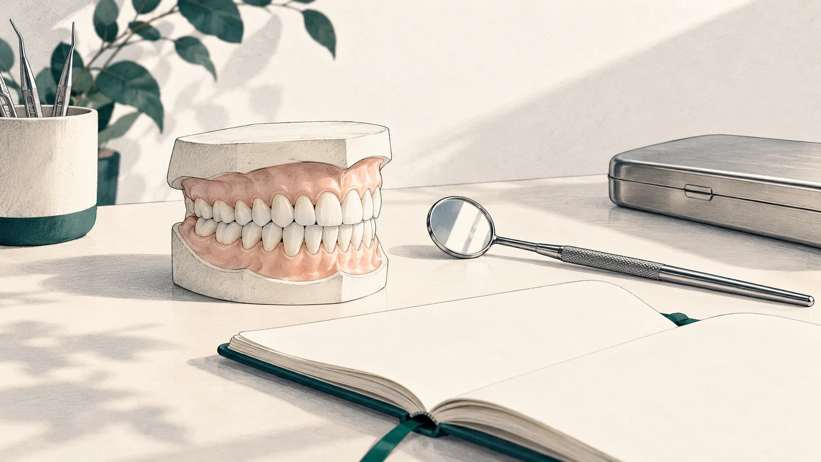 Conceptual dental examination desk with a tooth model, dental mirror and blank research notebook.