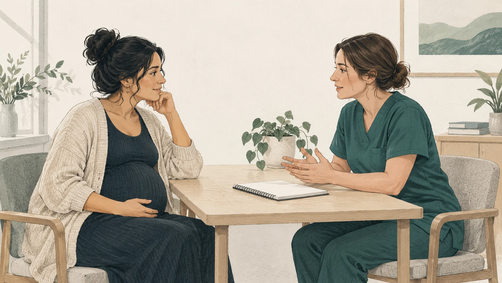 Illustrated expectant parent discussing health questions with a clinician at a consultation table.