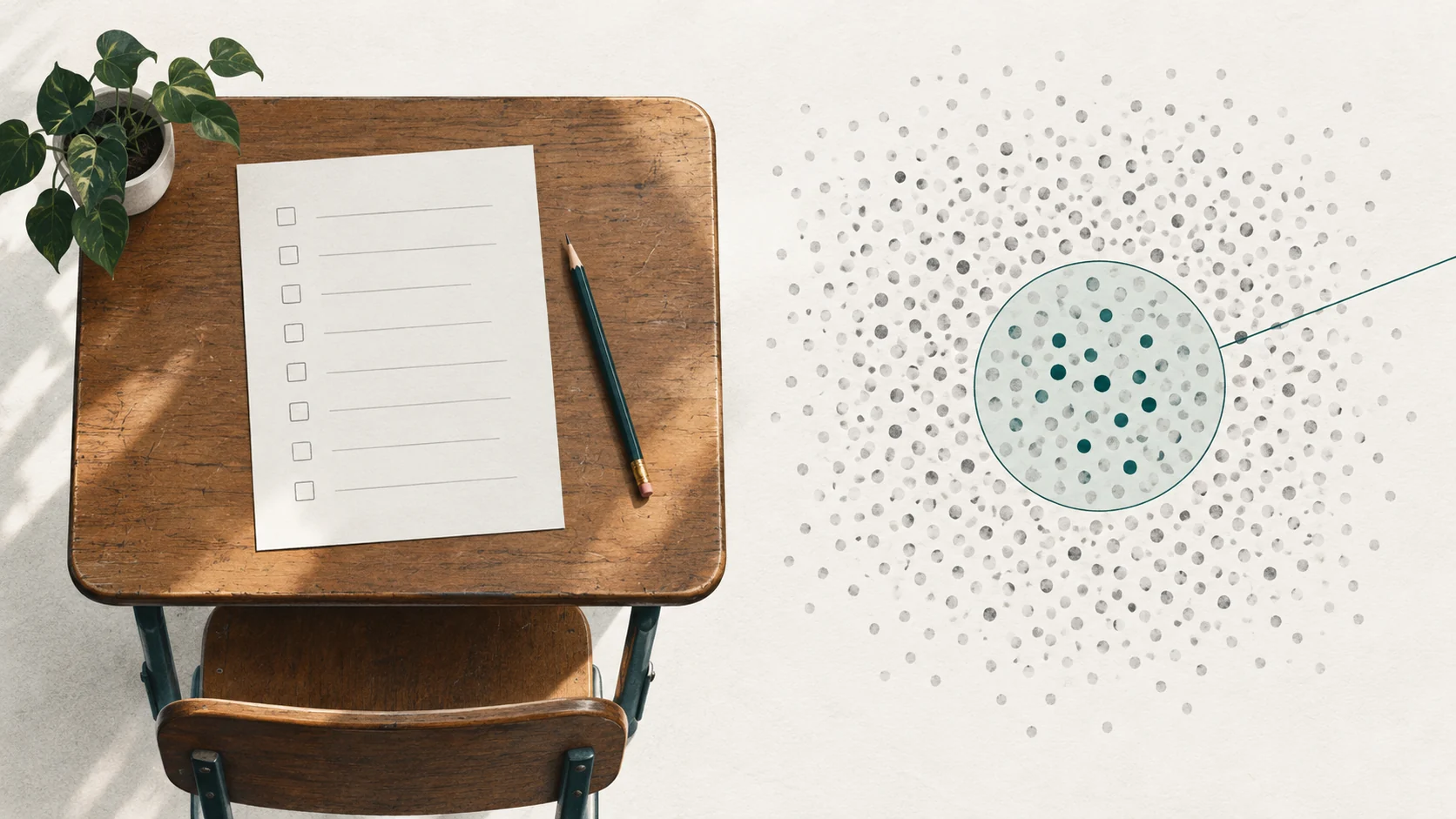 An empty school desk with an anonymous questionnaire beside a conceptual field of population dots.